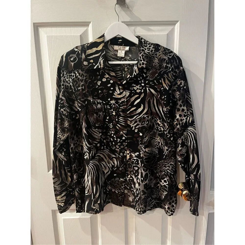 Fu Da Silk Black & Tan Zebra Tiger Print Button Up Blouse sz M EUC